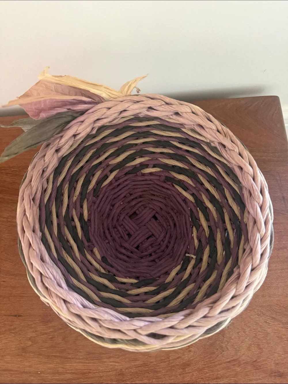 Handwoven Decorative Twisted Rope Basket — Pink, Green, Cream